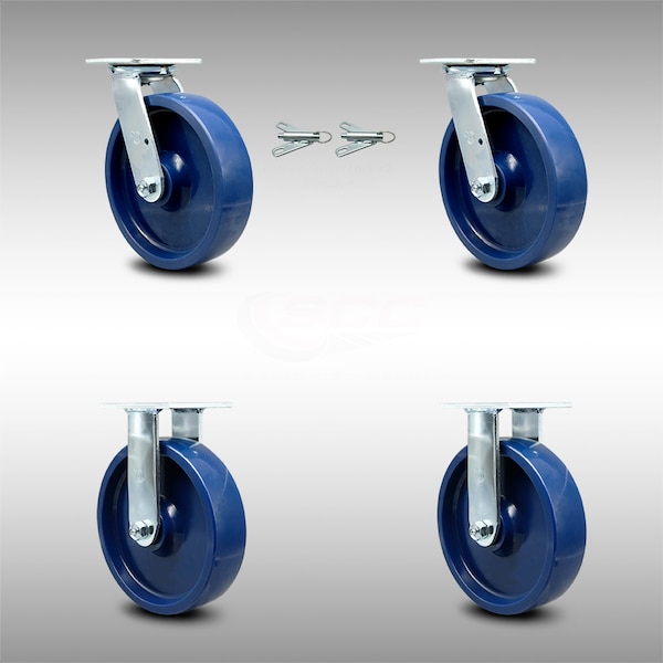 8 Inch SS Solid Poly Caster Set with Roller Bearings 2 Swivel Lock 2 Rigid SCC